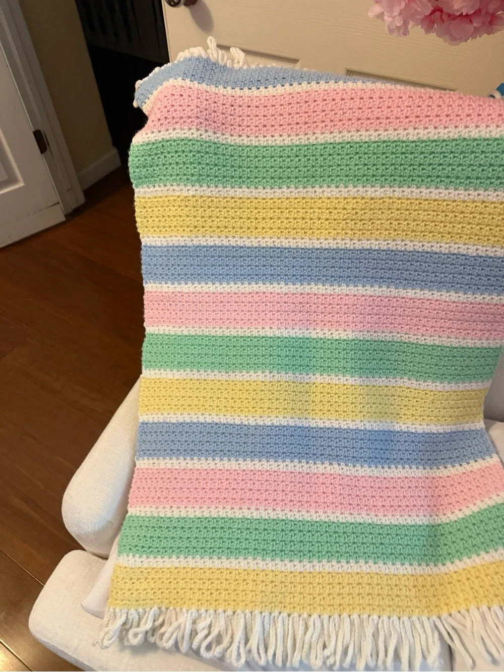Handmade Cotton Crochet Afghan Lullaby Baby Blanket NWOT. Pastel Colors